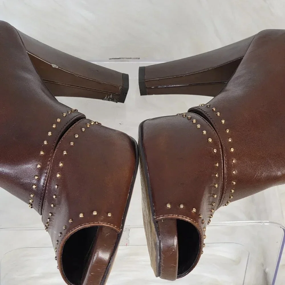 FRANCO SARTO Brown High Heel Booties Zipper Ankle Boot Leather 8M Shoe Peep‎ Toe